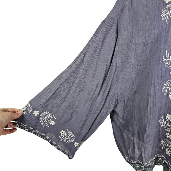 Sundance Embroidered Open Front Kimono Cardigan M Gray Cream Flowy Crinkle Boho - Picture 3 of 9